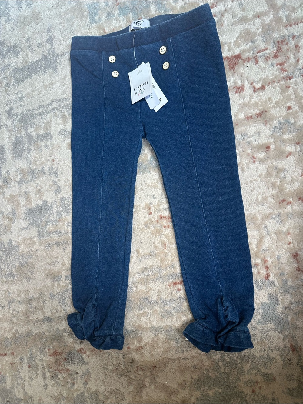 crown & ivy Navy Ruffle Hem Knit Leggings with Decorative Buttons